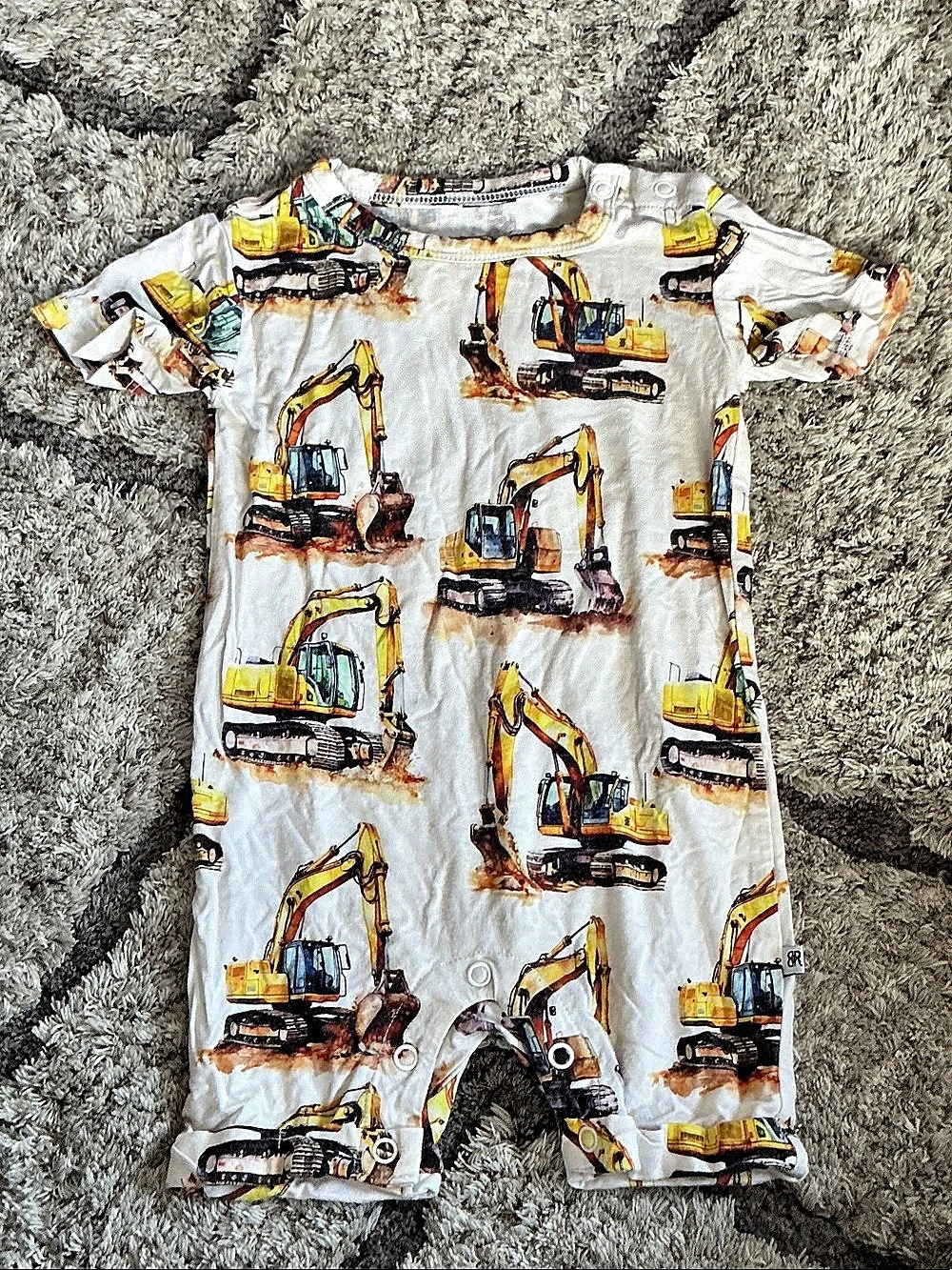 Bums & Roses Load & Behold Short Sleeve Romper Excavator Romper 9-12M